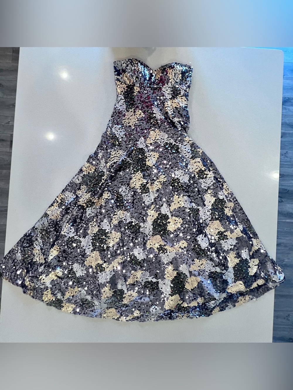 Vintage Strapless Black Gold Silver Sequin Ball Gown Sz 10 Jovani - Picture 5 of 16